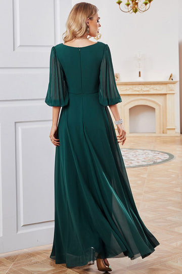 A-line Long Sleeves Dark Green V-neck Mother of Bride Dress